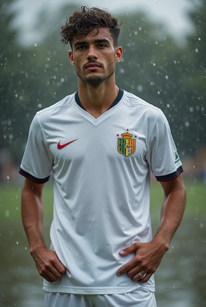 Stylish football uniform with white t-shirt and black shorts