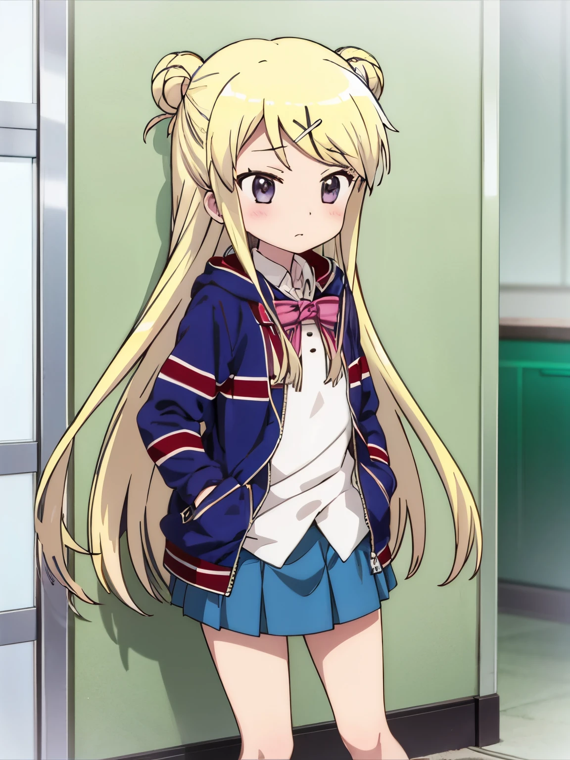 プールサイドでプールの授業を見学しているうつ病の体調不良のミニスカの太いふとももの女の子が座っている1girl solo Depressed KUJO KAREN UNION JACK JACKET, STRIPED BOW, WHITE SHIRT, LONG SLEEVES, PLEATED SKIRT, BLUE SKIRT, KNEEHIGHS食欲不振、吐き気、カレンの顔と膝と太い太腿