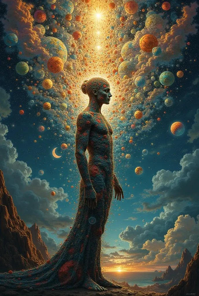 Al entity holding Earth in a contemplative pose reminiscent of Rodin's "The Thinker" \n Cosmic universe background with swirling galaxies and stars \n Hyperrealism, Dynamic lighting, Cinematic, volumetric, ambient, golden ratio, soft focus, shot on ARRIFLEX 35 III Eastman film anamorphic lens, film style