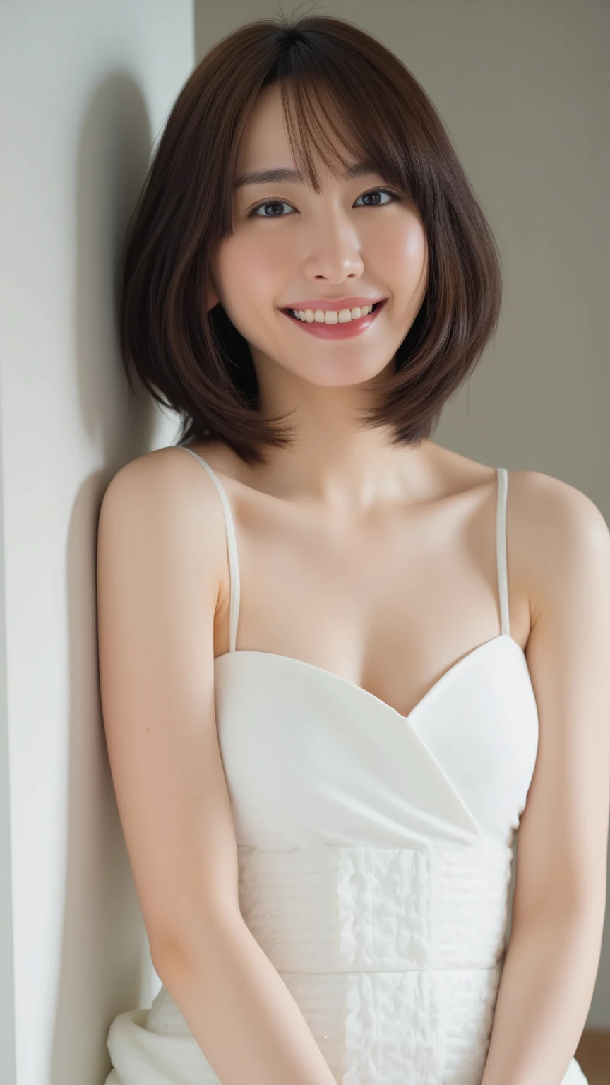 Masseter muscle part, highest quality, masterpiece, High resolution, Photoreal, RAW photo, 8k wallpaper, perfection, professional lighting, very detailed, Depth of written boundary, Beautiful actress appearance, 日本女性にしか見えないperfectionな女性, simple see-through dress, ((looking into viewer'eye)), ,bangs, Breasts with no bulge at all, Topless, light brown straight hair, faint lips, (arm between legs), full body figure, 1 female in her 20s, (20:1.2), The face of a neat and beautiful actress, cute girl, realistic body, The beauty of slim abs, Fair skin, glowing skin, slender body, long and thin legs, handsome body, feminine adult french bob, layer cut, (鈍いbangs:1.2), Overflowing smiles, beautiful teeth, beautiful small face, realistic face, Beautiful actress's natural makeup, 繊細なeye, Long eyes that seem to suck you in, Plump and glossy red lips, flushed cheeks, necklace, earrings, double eyelid, beautiful thin eyebrows, cute firm butt, Angle from the front, full body shot, Half open mouth and lustful expression, Stare at the viewer with a dreamy expression, beautiful female announcer, shot in studio, dynamic lighting