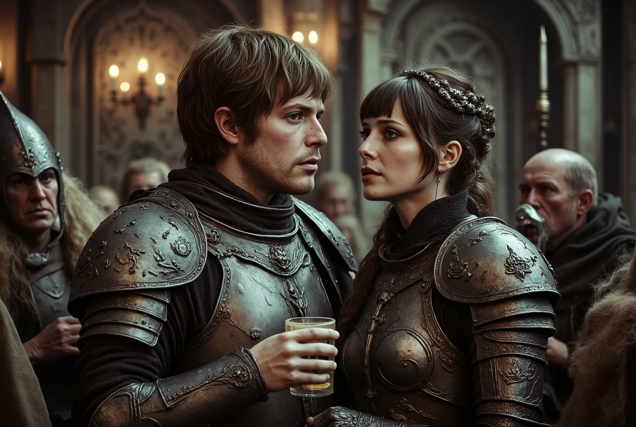 A tall female human paladin dressed in darkly etched fullplate armour. She has a sad smile and dirty, short brown hair. Her skin is white, her eyes are light green, and her face is tired and depressed. She is standing in deep discussion with an angry male knight and drinking mead in a crowded medieval tavern.