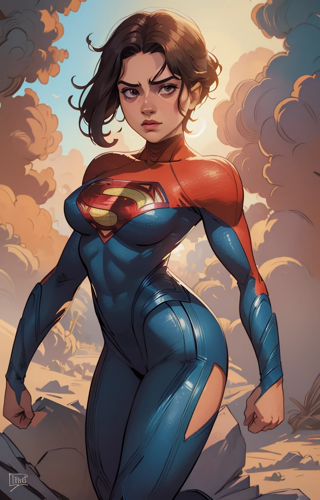 (masterpiece:1.3), (8k, Realistic, RAW Photos, highest quality: 1.4), Absurd, Charm, Ultra-high resolution, Ultra-realistic, Very detailed, Golden Ratio, (Realistic), (Best Shadow), Low contrast, (Complex:1.4), Side lighting, 8K, Beautiful Face, (Realistic Face), Beautiful hairstyle, Realistic eyes, Beautiful fine details, (Realistic Skin), Beautiful Skin, (One girl), ((Sasha Calle)), ((SUPER GIRL)), (Accurate hand and finger depiction), Supergirl Women, ((Red cloak)), (Black Hair, Handsome Short:1.3), (Crouching, woman on top), (Large Breasts), glamorous, (Torn Suit:1.2), (A look of shame:1.0), ((Red Eyes)), (Flushed), Sweat, (Earth from Space), full body,