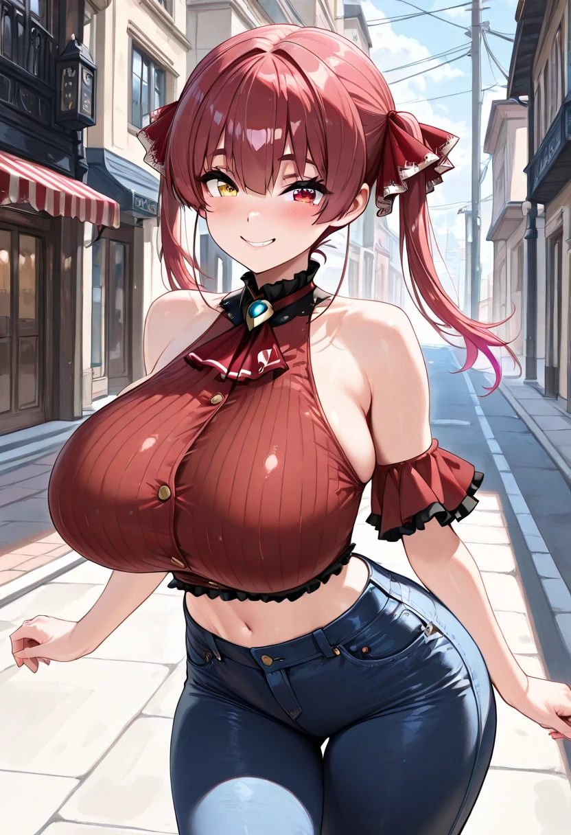 (best quality), (masterpiece), 1 girl, early 20's, huge heavy breasts, busty, massive breasts, thick, thick lips, wide hips, thin waist, Thigh highs, floral print corset, metal corset, pleated micro skirt, undersized bra, outside in medieval town square, walking down cobblestone street with medieval buildings on either side, tight clothes, tight bra, detailed eyes, blue eyes