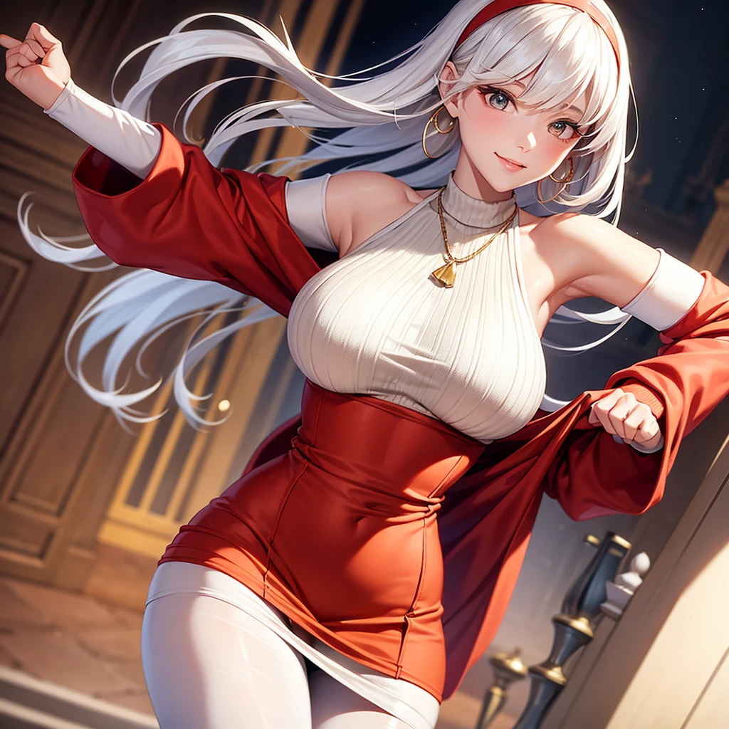 1girll, Solo, Royal sister， Arms up，High ponytail，Be red in the face，Suspenders，nedium breasts，lewd poses，Clothes writing，No top，huge tit，Bare chest，stocklings，exteriors，hair intakes，no clothes are worn，huge tit，long whitr hair，Harnes，looking at viewert，huge tit，with her mouth open，see-through transparent clothes，Red eyes，red color eyes，shrugged shoulders，nakeness，side locks ,, ssmile, Thigh crevices, upper legs, Very long hair, whitegloves, White hair, Alice\(Nikke\),(Shiny skin), realisticlying, --auto