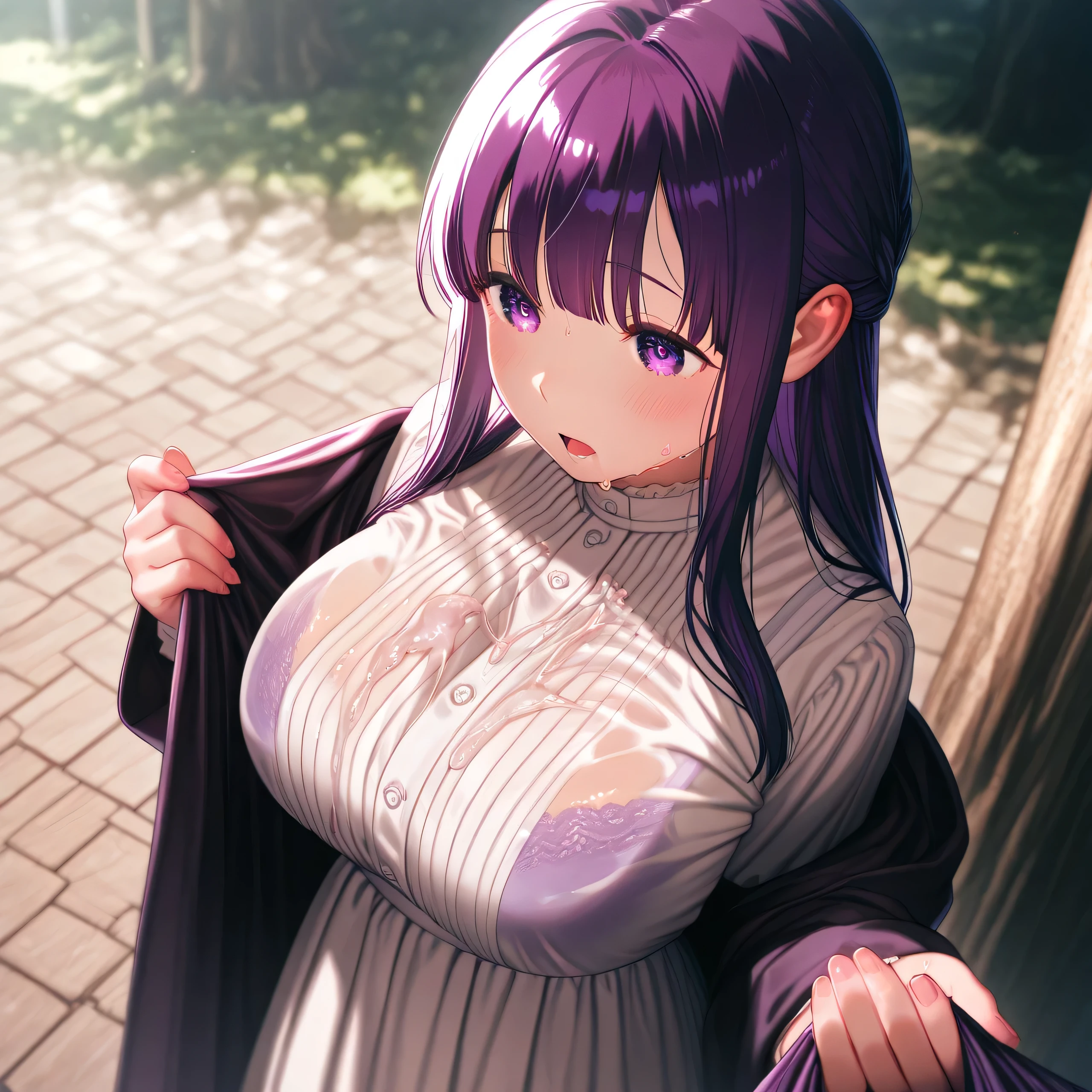 big-breasted 、Young girl、short、Small、has abnormally large breasts、 unbalanced body、girl,Young Fern、long hair, purple hair, straight bangs,, purple eyes, Open Robe , long dress、(masterpiece),Best Quality,detailed eyes、outdoor、Voice comes out、It makes a sound、gasp、Pleasure、Embarrassing、heart、cover、Breast job、 intense pizzling、clothed pizuri、huge dick、 swollen、Pinch your cock with your 、with your hands、 Pinch your cock in your chest、Dick between breasts、Cum between the breasts、large amount of white sticky liquid inside clothes、、Cock between the breasts、sweat、Pinch your dick between your chest and rub it、Dick between breastsを入れる、with clothes on、Cover your chest with clothing、Cum in clothes、Put your cock in your clothes、large amount of overflows out of clothes、grab my chest、 lifting with hands、 clothes are transparent 、sideways、from the side、can see through her clothes and see her cute bras、fellatio、A bra that can be seen through the top of clothes、can see bras through clothes、Breast milk seeps out