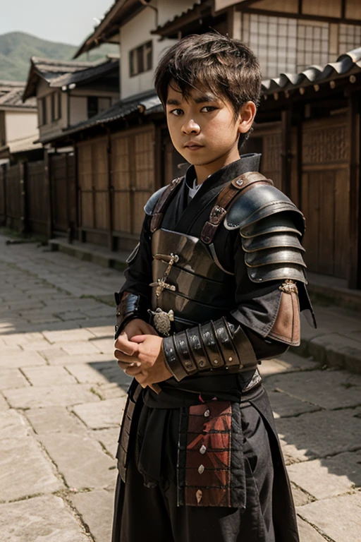 A handsome Japanese boy wearing armor。Background、An old traditional Japanese townhouse。