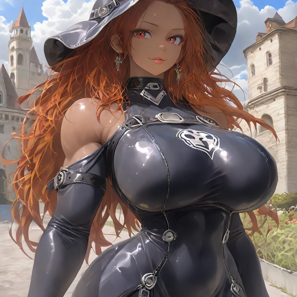 masterpiece, best quality, 1woman adult, older milf, solo, highlight red black hair, vibrant aqua eyes (left), vibrant red eyes (right), medium hair with fringe, looking at viewer, cape, High quality metal texture, closed mouth, full body view, bangs, high collar, (kbxll:0.6), Fantasy aesthetics, fantasy earring, Highly detailed, thicc body, gigantic breasts, large areola, hard nipple, smirking facial, top view, (gigantic breast:1.8), (size areola:1.5), (ahoge:1.3), (thicc body:1.2), (muscular:1.2), (fingers:1.0), visible around areola