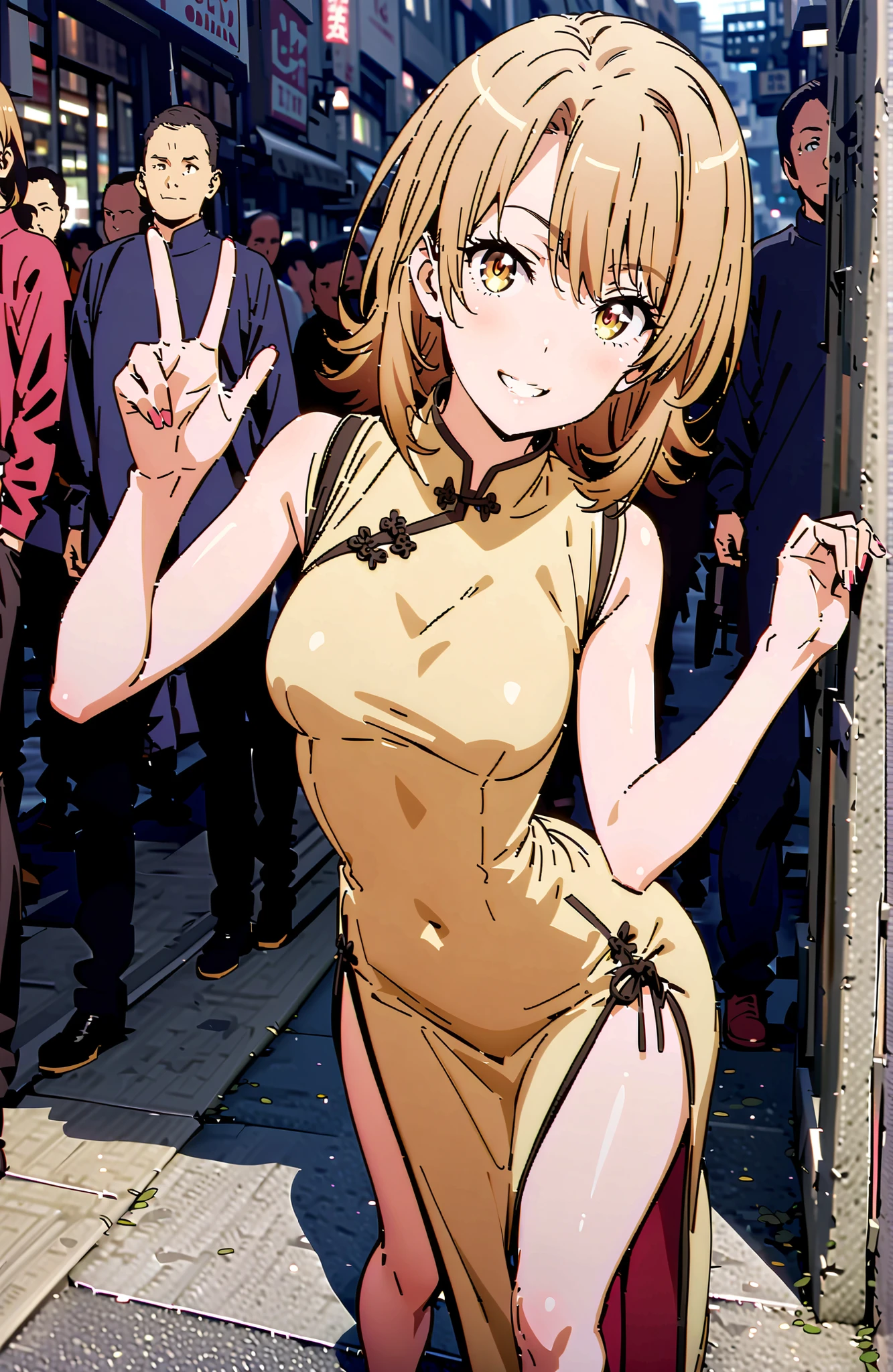 Irohaisshiki, Isshiki Iroha ,solo, short hair, brown hair, brown eyes,smile,cover,grins,yellow sleeveless Chinese clothes,Medium breast,Long side slits,pin heels,standing, peace sign pose ,crowd,full bodyがillustrationsに入るように,break outdoors,Chinatown,
break looking at viewer,full body,
break (masterpiece:1.2), Best Quality, high resolution, Unity 8k 壁紙, (illustrations:0.8), (beautiful detailed eyes:1.6), very detailed face, perfect lighting on the table, Extremely Detailed CG, (perfect hand, perfect anatomy),