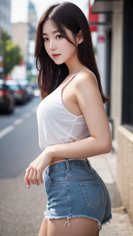top-quality、超A high resolution、(Photorealsitic:1.4)、(ulzzang-6500:0.4)、Beautie、Korean Idols、21years old、length hair、light brown hair、Clean and wavy hairstyle、small tits、Very small breasts、Realistic eyes, slender narrow eyes、Beautiful eyes、A smile、croptop、Tank Tops、Wear a see-through shirt、a miniskirt、In the street、crouching down、slender、A slender、Slender body lines