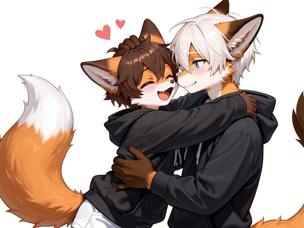 eyes with brightness,in a panoramic view,Character focus,独奏,shaggy,shaggy male,malefocus,anthr,(Full body fur,Fluffy tail,Off-white fur,Orange-red eyes,Gray hair,Orange coat,grey shorts:1.2)Double,tongue kissing