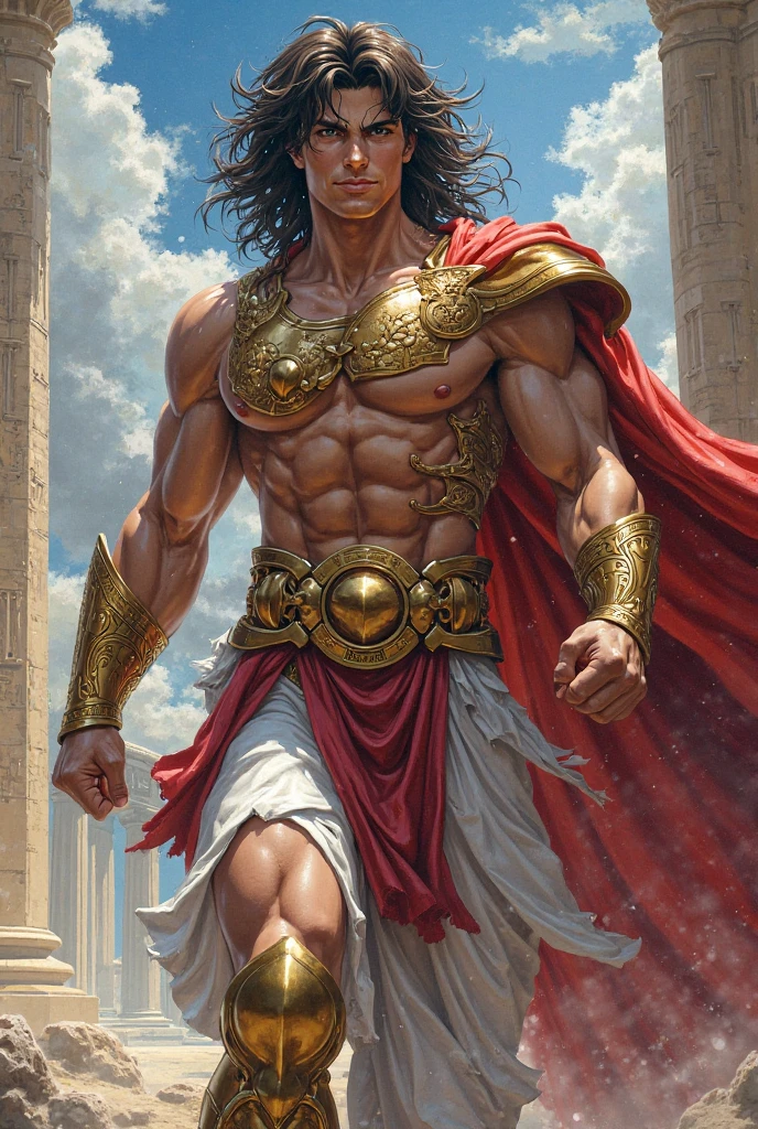 Muscular gladiator,Upper body revealed, legs uncovered from thighs to feet, flowing long curls, intricate muscular details, photorealistic artwork. Background: Ancient Roman arena.,32k uhd, best quality, masterpiece, super detail, high details