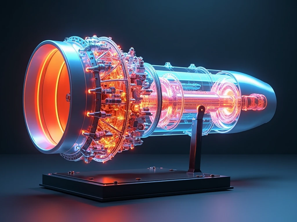 turbojet engine, standing on a demonstration table, compressor x-ray, , Turbine, very detailed, photorealistic,  professional, 8k, Physically Correct Visualization, precise texture, detailed mechanics, spectacular lighting,  atmospheric scene , Cool color scheme 