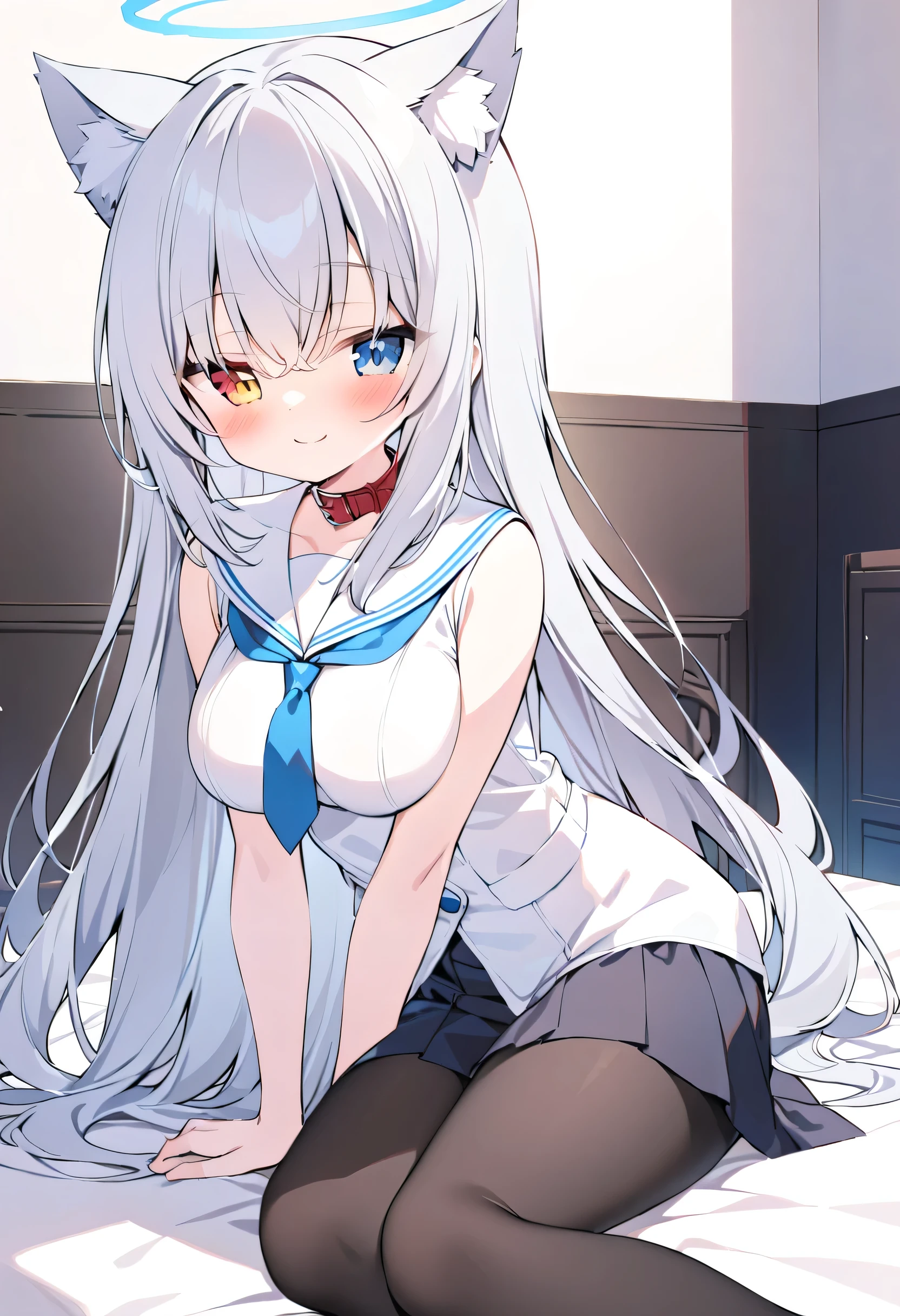 long hair,Silver Hair,Cat ears,Heterochromia(Left blue right yellow),alone,In the room,White Sailor Suit, blue tie,red collar, Black Skirt ,Smile,black pantyhose,In the room,blush, blue halo,smile,Rose,breast
