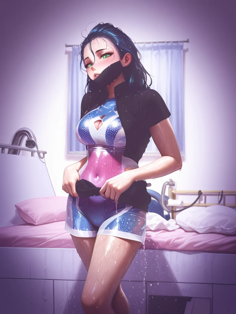 masutepiece, Best Quality, Highly detailed, hight resolution,Karen Stadtfeld,Blue eyes, Hair intake, Large breasts, Red hair, Short hair,spiked hair+,MKSKS style,(onepiece swimsuit:white:1.5)+ white_Swimsuit+,{{{livestream, Live stream screen view, Smile, }}}, Play button, Seeking, 1girl in, pajamas, White Mouth Mask, cleavage, {{{Text}}}, Comments by Bilibili, Sexy Pose,Sexy