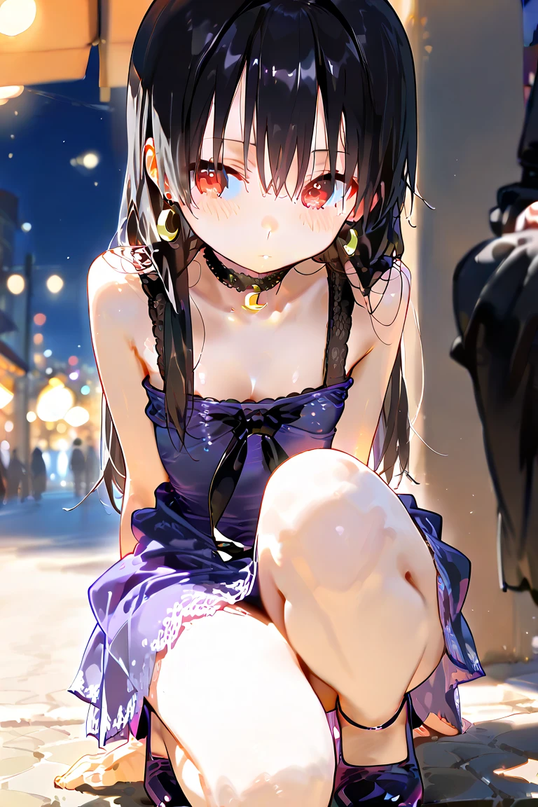 masterpiece, best quality, girl, 10yo, (petite), double bun, cowboy shot,
seductive smile, :o, squatting, china dress, open clothes, small breasts, nipple slip, pussy, Hongkong street, night,