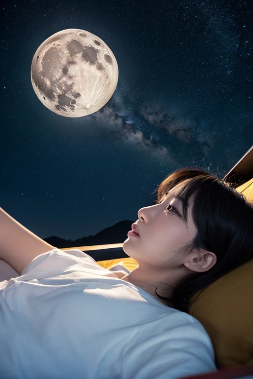 the night,A young girl,Full body like,On the sofa,With his eyes closed,tee shirt,short skirt,relaxed poses,There were pillows,Lying on the bed,a moon outside the window,starrysky,highest details