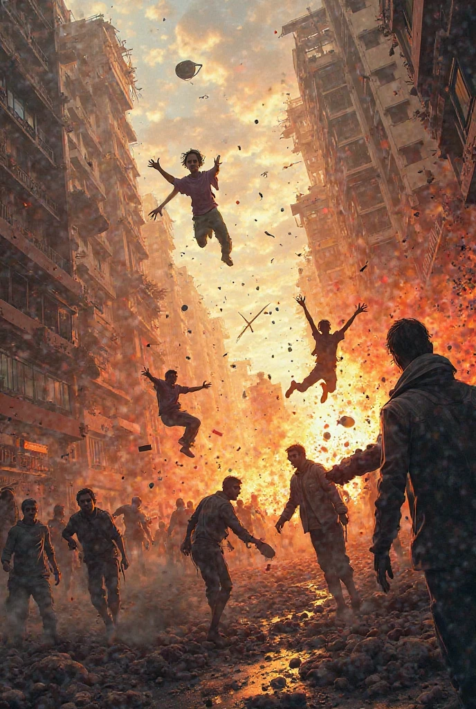 ( Horizontal paintings are drawn in manga style ) , The scene of a fight between humans and zombies , One side is humans, the other side is zombies rushing to bite and kill each other