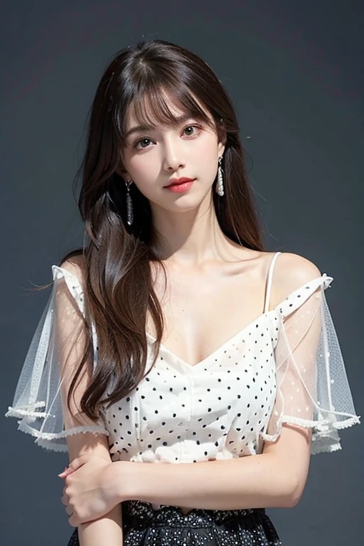 22-year-old girl has a perfect face, right hand and hair, Cute short sleeve and casual pants set, Slim and plump body. Skin with delicate eyes (1.1 emphasize), Very detailed skin texture (1.1 emphasize). Thin necklace, Model photo style, Reality, The skin texture is a real human skin texture, Fine skin pores, Intricate details, The eyes are very detailed, polka dot dress, Given by the group, Given by the group colorful!!!、! dream Given by the group, highly detailed Given by the group, from knee up, Attractive and sexy, Smile, Stage lighting information beautiful and confident,full-body shot