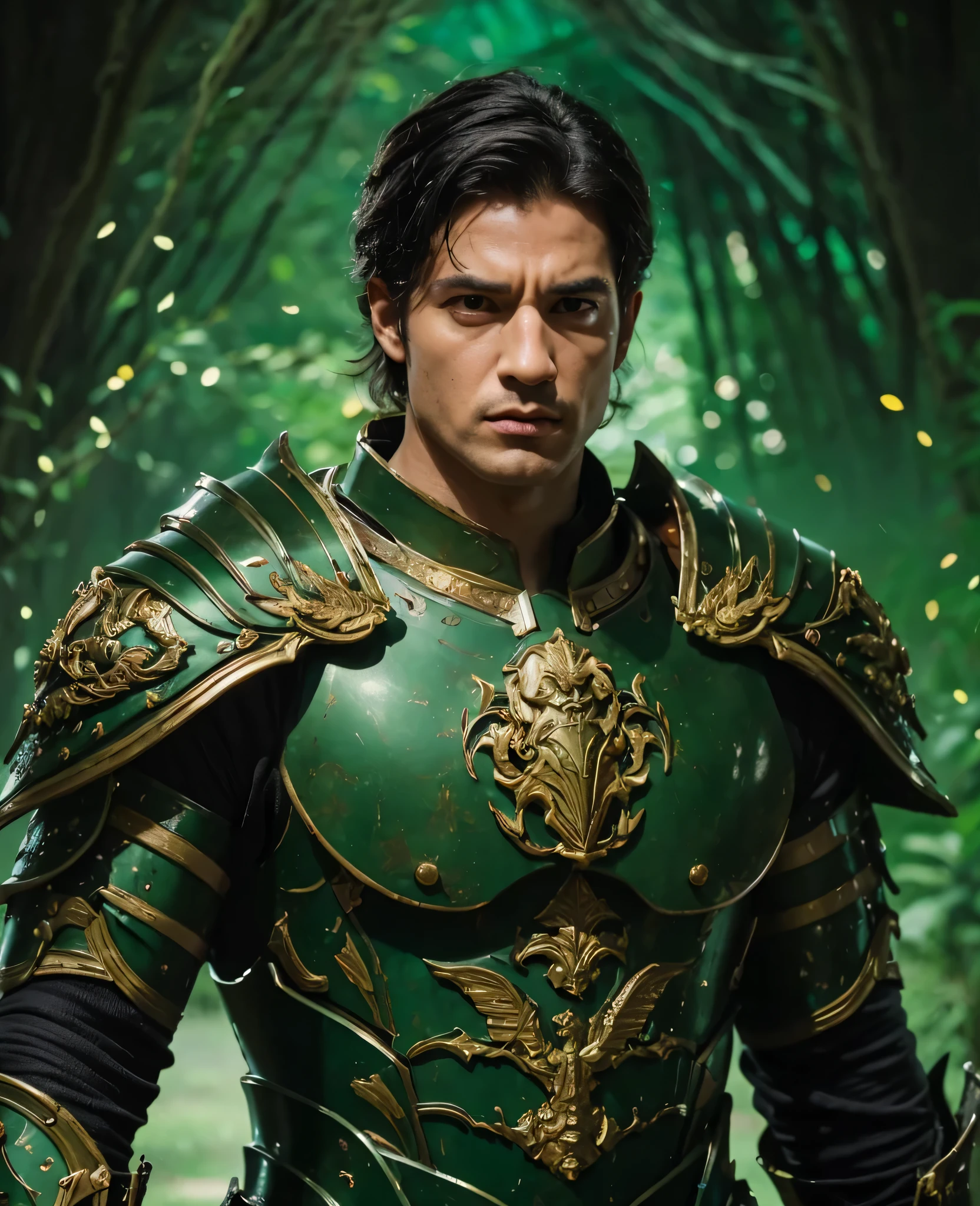 A General, he has brown eyes and black hair. He is wearing full green armour. Realistic with cinematic vibe.