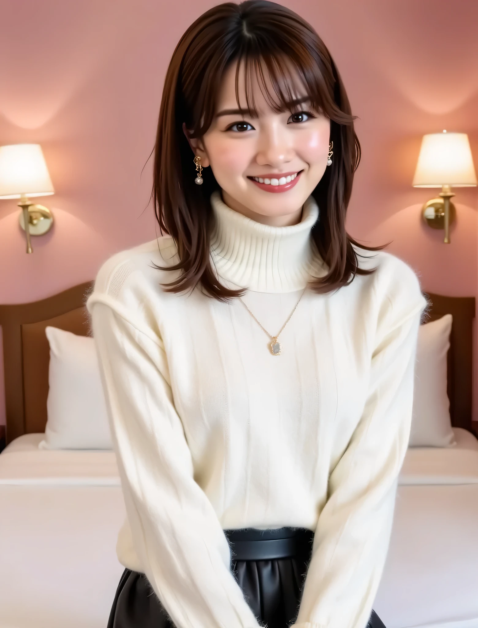 White Turtleneck Knit、fluffy shaggy knit with long hair、sleeveless、Composition taken by pulling a camera、The whole body is shown、dark brown beautiful hair、shortcuts、I'm putting out my ears、round face、super big 、Her body is facing diagonally to the side、black leather skirt、Gloss、Cute Poses、 in the background is a luxury hotel room、pink lighting