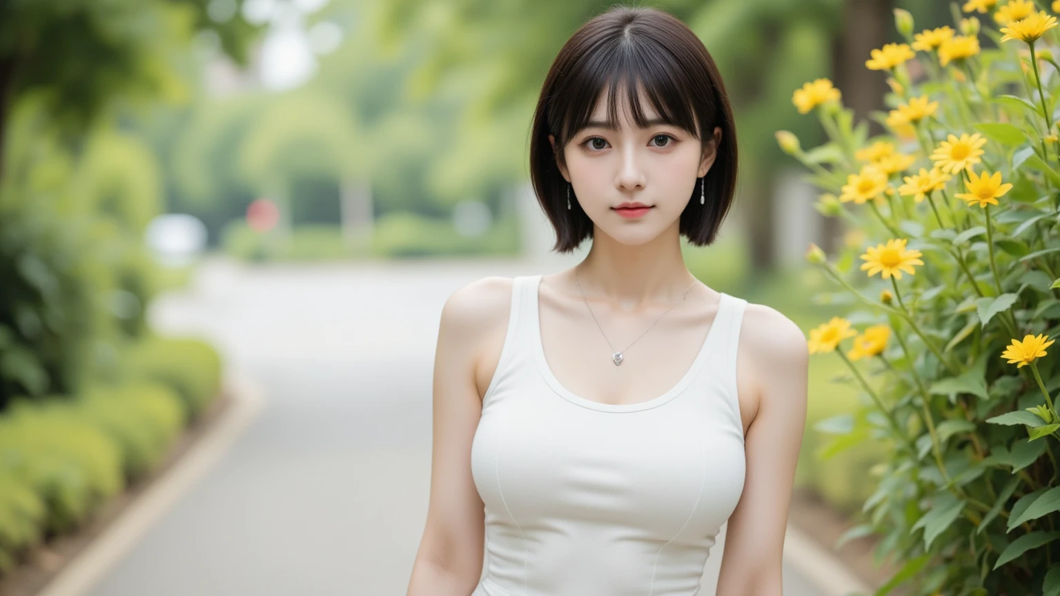 (8k, RAW Photo, Best Quality, Masterpiece:1.2), table top, Ultra Detail, Super Resolution, (Realistic, Realistic Photo:1.37), Portrait, High Detail RAW Color Photo, Professional Photo, Extremely Detailed and Beautiful, Extremely detailed, 8k wallpaper, amazing and detailed, huge file size, official art, highly detailed CG unity 8k wallpaper, highly detailed beautiful girl, highly detailed face, highly detailed eyes, highly detailed skin, highly detailed fingers, highly detailed nose, very detailed detailed mouth , perfect anatomy, highly detailed background, highly detailed clothes, 1girl, ,cute girl, realistic body, fair skin, glowing skin , slim body, handsome body, black hair , Semilong hair, (blunt bangs:1.2), smile, cute, youthful, cute face, realistic face, delicate eyes, drooping eyes, looking at viewer, facing front, standing posture, Contraposto, dynamic lighting, ((face closeup)), (medium chest), (Perfect Body Proportions), (slender Body Proportions), tank top, mini skirt,