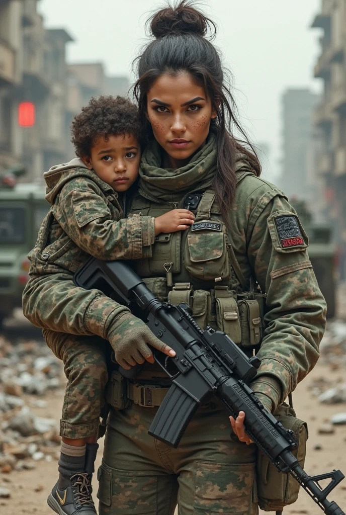 a black hair baird white girl big breasts Curve waist in USMC with child standing next to her holding her hand while holding a rifle