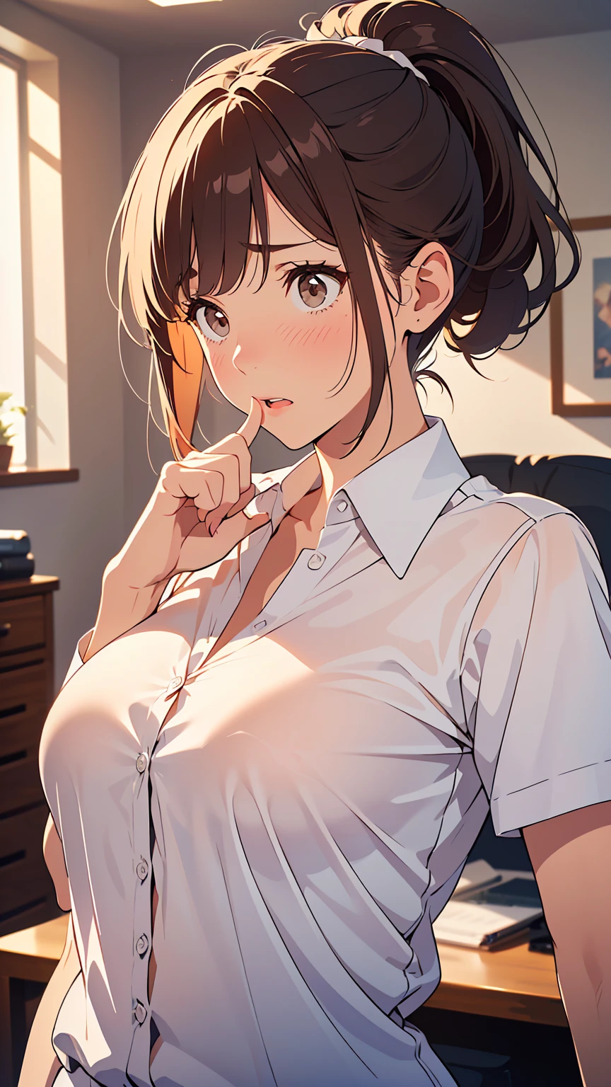 best quality, high resolution, from above, (looking away:1.2), kouhai-chan, 1girl, brown hair, blue eyes, long hair, 1mole under eye, huge breasts, black hair, bangs, skirt shirt, cleavage, collarbone, white shirt, pantyhose, indoors, high heels, pencil skirt, high-waist skirt, office, solo focus, cowboy shot, window, chair, sitting, low ponytail