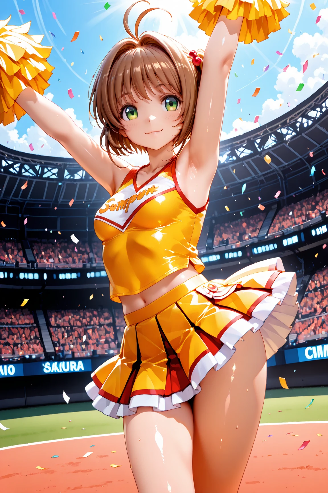 very cute and beautiful cheerleader girl,(highly detailed beautiful face),(holding pom poms:1.1),(laugh), (stadium stands),cowboy shot,dynamic pose,(white panties),(sleeveless orange shirt),beautiful legs,looking at viewer,black hair, (best quality,masterpiece:1.0),absurdres,highres,ultra-detailed,extremely detailed,32k,8k resolution, intricate details,cinematic scene,detailed background,solo,dynamic angle, hair fluttering in the wind,beautiful detailed sky,