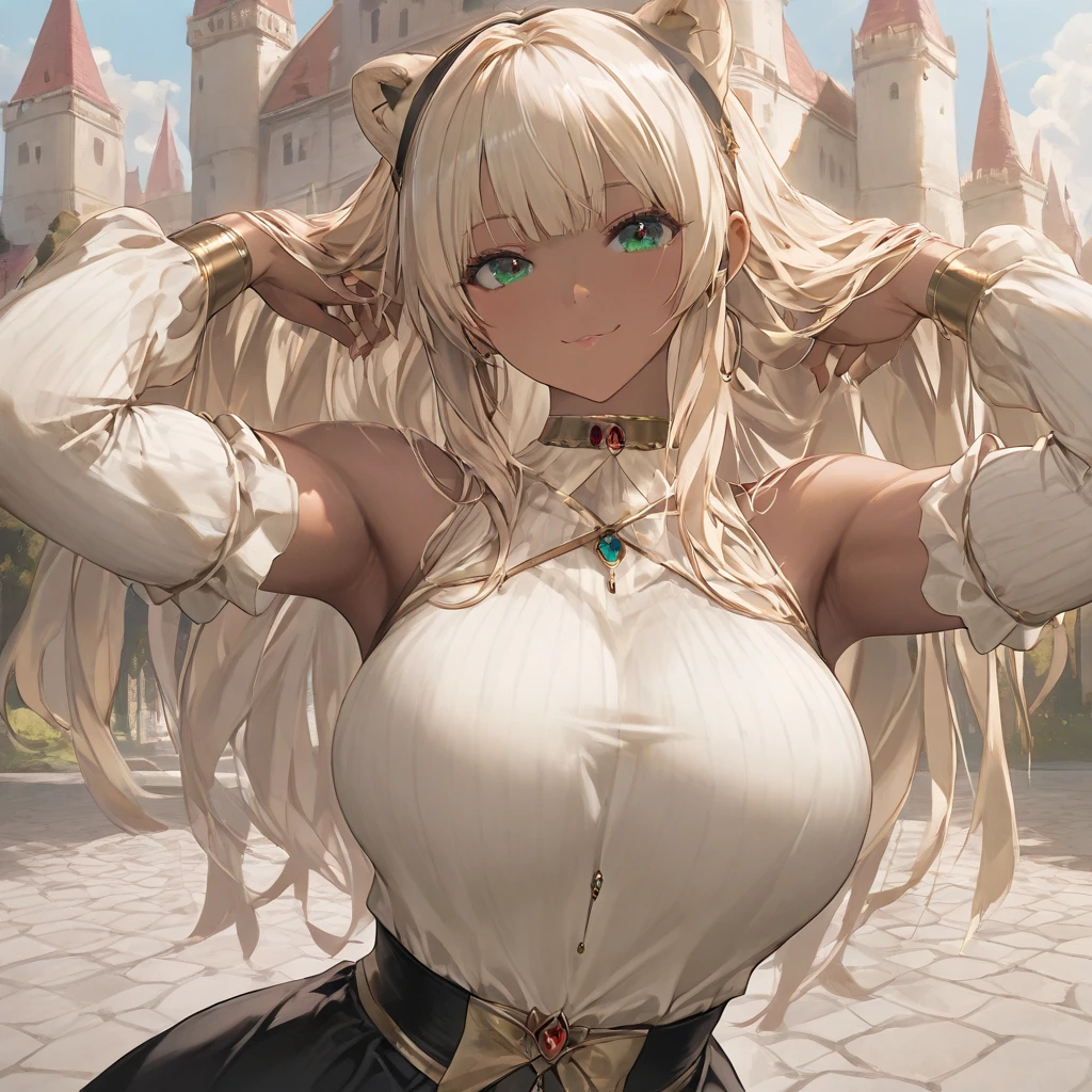 Atlas Fayon woman 40 years old, white hair with black stripes ,white tiger ears, closed eyes, mujer ciega con closed eyes, expresión confident, confident. trust. blush, Pale skin, big breasts, Greek goddess costume, goddess cosplay . background some ancient ruins neckline .