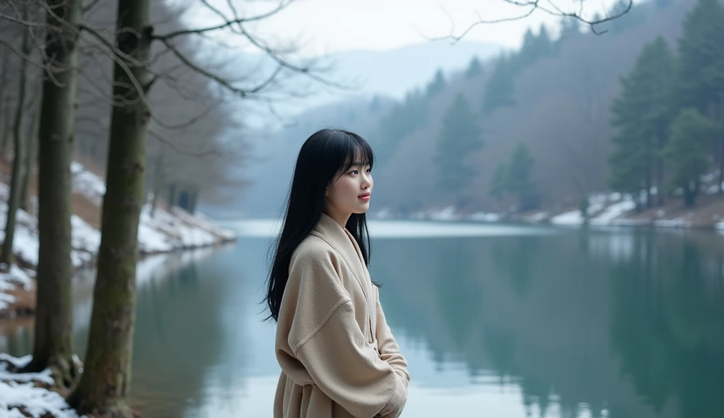 There was a woman sitting at the water's edge, gazing at the water, Girl with black hair, Woman with black hair, Female with long black hair, Inspired by Itō Shinsui, black haired girl wearing hoodie, Chinese woman, A young Asian woman, Chinese girl, Asian woman, aenami alena, beautiful himalayan woman, lake scene