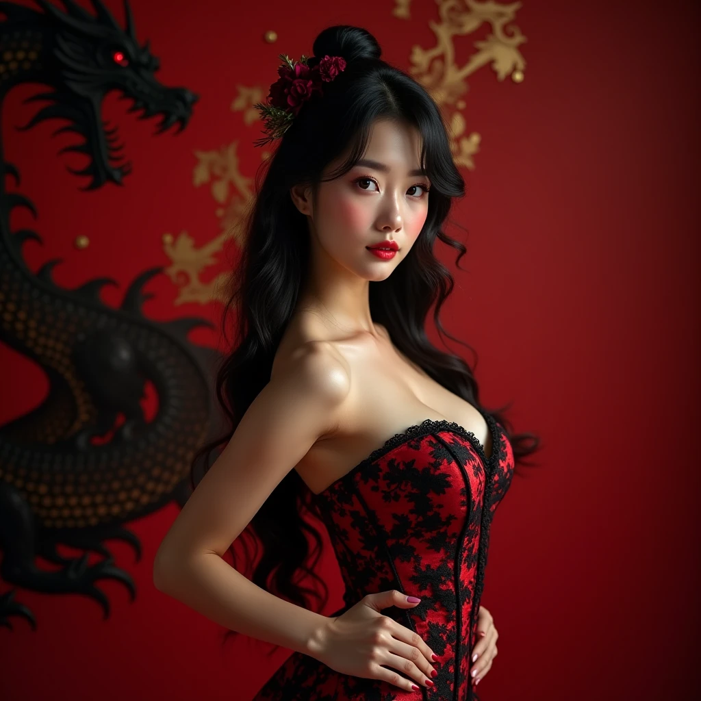 a beautiful chinese korean girl with sexy body erotic big  in lingerie costume dyed red and dark blue (visible all bodies), stands confidently in front of the black dragon game Mahjong Ways Black Scatter with a tense and festive atmosphere, clearly visible background black dragon. noticeable very prominent breasts attract attention