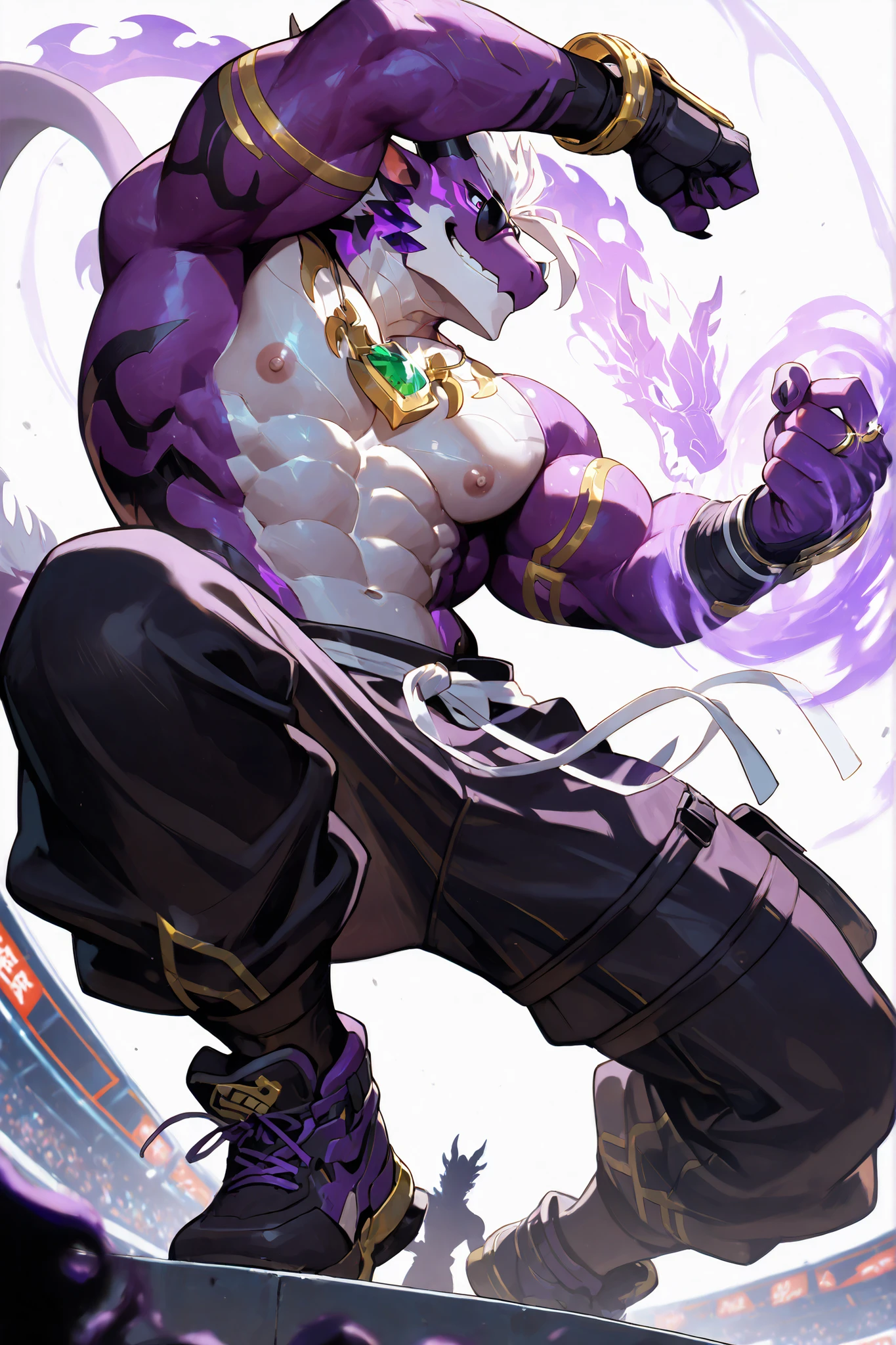 alone, Profile , Dragon Shadow,purple dragon, Sports Character, Purple Detached Sleeve, Black Parachute Pants, Black Round Sunglasses, Chest With Flame Demon Mark, Face Painted Demon Mark, Wallpaper quality, Dynamic Pose, Keep your chest up, (Purple Flake, White Rib, White hair , Sport Figure), playful smile, neon lights, (purple eyes), Light Purple Hair, Simple Background, White Background, (muscular development), Gold ring , Street Style , masterpiece, Emerald Necklace, Chest muscles, Dynamic Pose, Correct anatomy, right hand, Best Quality,handfixer,silhouette, shadow of,looks at the audience,( tilted view),nipple,Abdominal muscles