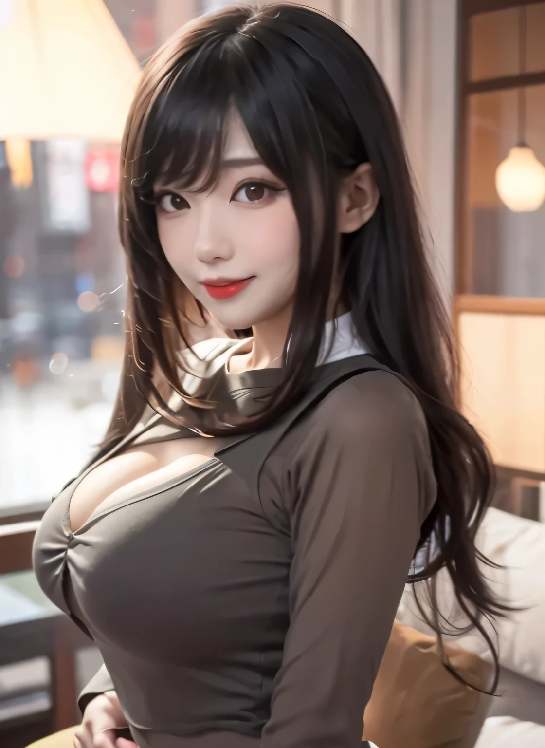独奏, one person, High resolution, masterpiece, accurate, Anatomically correct, Winner of numerous awards, Highest quality, Damaged, High-resolution model, High detail, Very detailed, Ultra high definition, Textured skin, Large Breasts,
((Japanese actress)) ((Plump and glossy lips)) Big Breasts ((Large Breasts Cleavage)) ((Looking into the camera)) Sit with your legs apart ((White button shirt and black enamel tight skirt)) Low angle shot of a person standing facing forward Looking down ((A bedroom with shoji screens and tatami tatami lit up with pink neon lights))