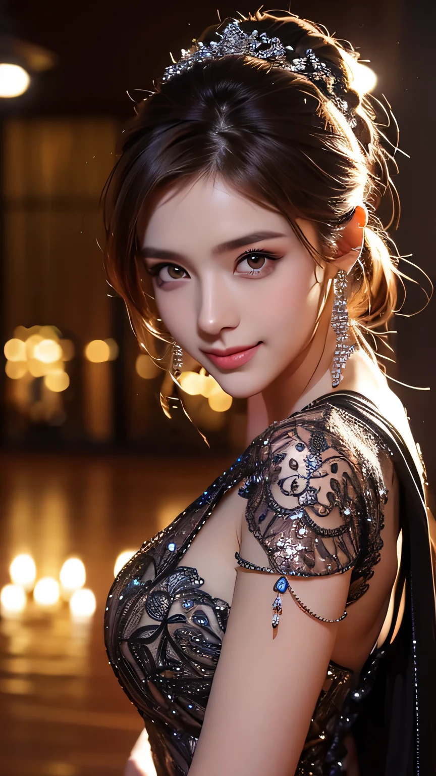 one girl, ((Highest quality)), ((masterpiece)), (detailed), ((very detailed face)), High resolution photograph, smile, full body portrait, slim face, pretty woman, (dark brown hair), (long dress:1.1), She is wearing an evening dress to go to the dance party, detail eyes, double eyelids, (Beautiful Delicate Eyes and Lips ), blurry background, slim face, She is in a crowded dance hall, Good light, (Standing in the evening when the lights are on),