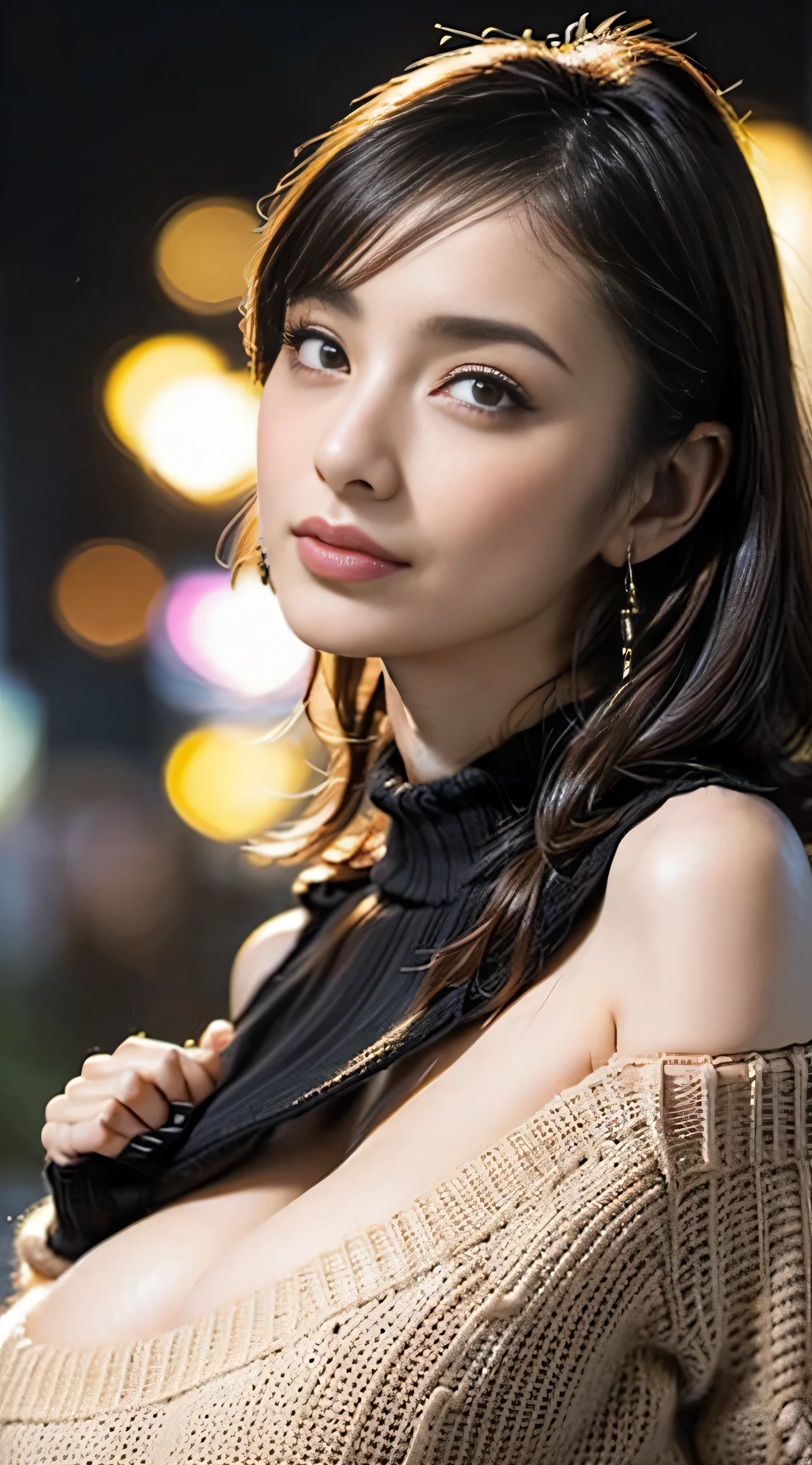 (((,Glowing Skin、realistic skin texture、 Beautiful Skin in Every Detail 、 Shiny Skin、 Shiny Skin)))、
upper body shot, ((low angle camera)),(( beautiful face:1.4)), (Purelos Face_v1: 1.0), 1 girl, writing boundary depth, focuses on the center, Focused Girl、blurry background、Beautiful Eyes, Perfect face and eyes、((Upper Body))
( night :1.8,)
early s , Black Hoodie , check mini skirt, purple collar, black face mask , earrings,
Big Breasts, thin, standing , naughty,
absolute region with to, A silly solution, Absurd Details, Best Quality, (((Natural huge breasts:1.4))), grabs chest 、 (((lightweight off-shoulder sweater with lots of heart puffs)))、white skin、((( Bitch、Sexy Bitch、ga yaru makeup)))、