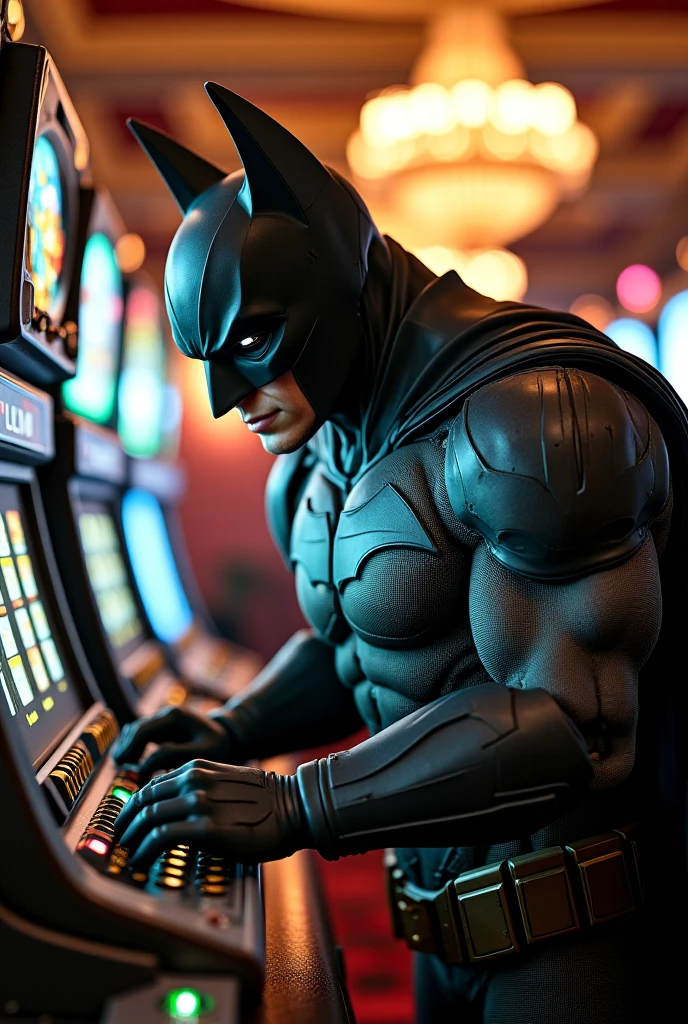 Batman raps in a team jersey, diamond chain, Rolex on the wrist in a personalized gamer room with the roulette game, with a computer playing the game of roulette on top of a roulette table lots of money and game chips and some tigers around