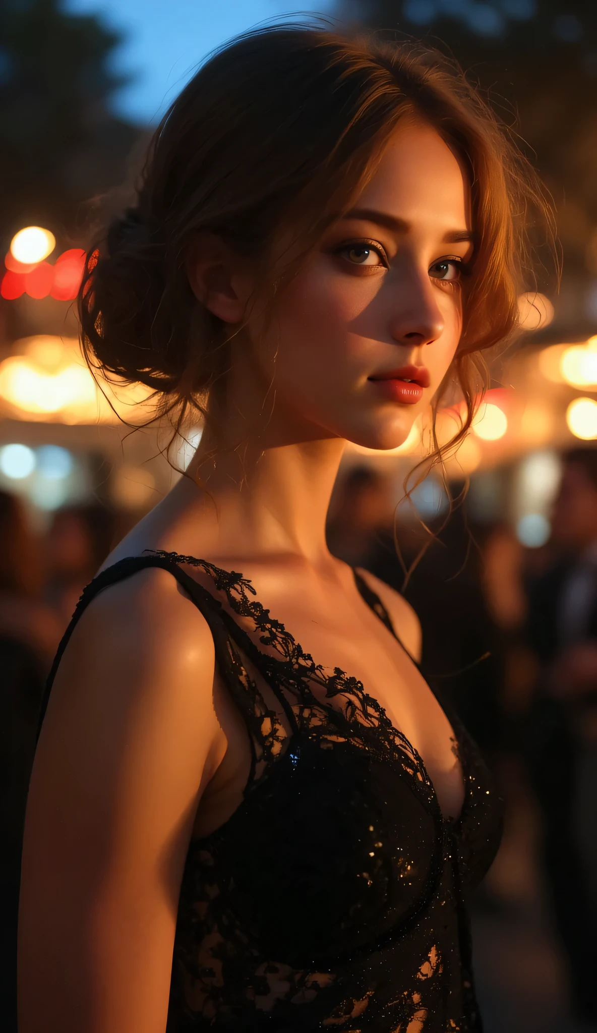 one girl, ((Highest quality)), ((masterpiece)), (detailed), ((very detailed face)), High resolution photograph, smile, full body portrait, slim face, pretty woman, (dark brown hair), (long dress:1.1), She is wearing an evening dress to go to the dance party, detail eyes, double eyelids, (Beautiful Delicate Eyes and Lips ), blurry background, slim face, She is in a crowded dance hall, Good light, (Standing in the evening when the lights are on),