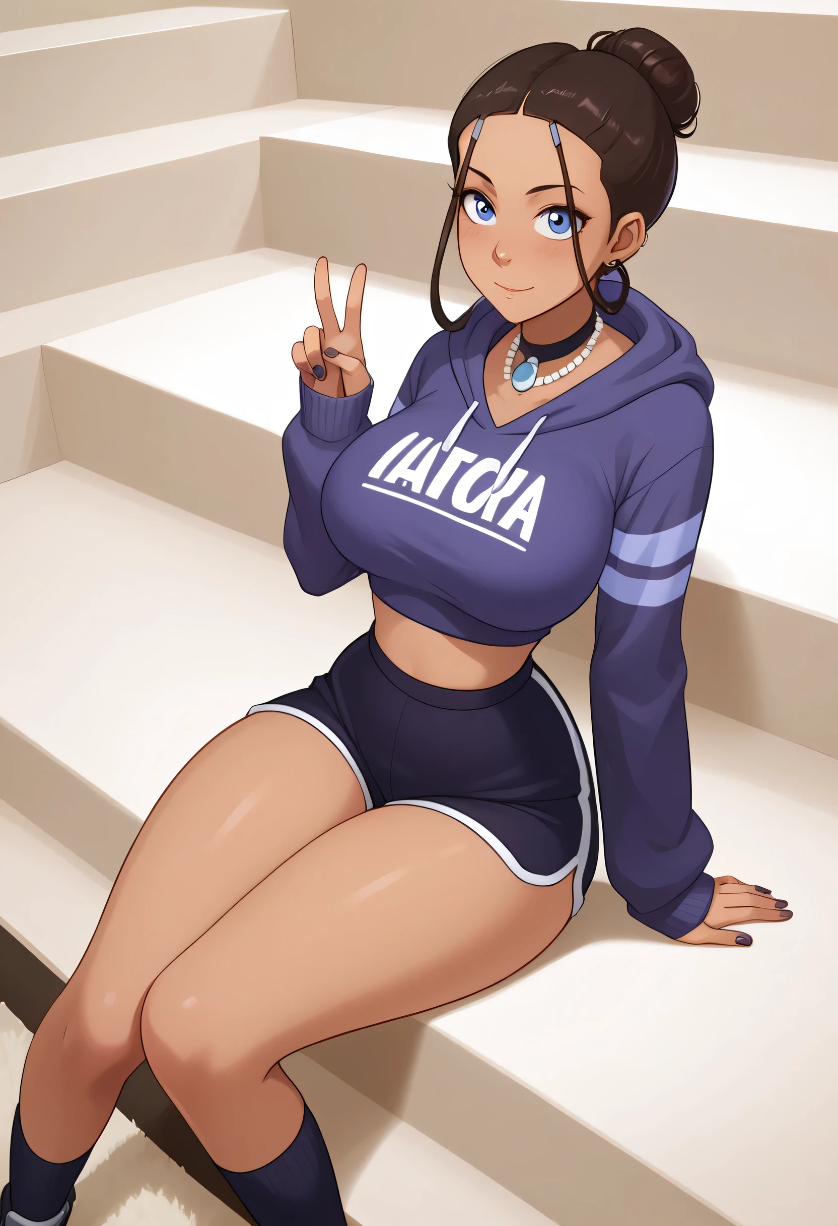 beautiful katara, mature, goth girl, with big breast, curvy body, thin waist, messy hairbun, big eyes, peace sign, big beautiful eyes, thin waist, super tall, thick thigh, wearing hoodie, black sport shorts, huge neckline, looking at viewer, necklace, anime, blush, tanned, in , casual clothes, dynamic shot, darkness, shadows, carpet, sitting on staircase, close up, antique decorations, dreamy, realistic light,