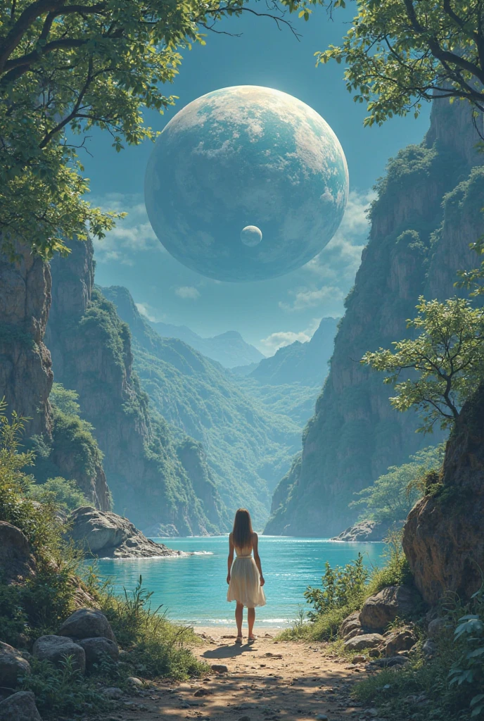 Highest quality,(masterpiece:1.2),Ultra-high resolution,Raw color photography,8K,Vast landscape photography,Realistic photos,Elaborate photos,A woman living on a water planet,,(From the back:1.5),(From below:1.2,Woman standing on a water planet,A vast pond spreads out before your eyes,City of Water,The sky is a vast universe,blue sky),Written boundary depth,Wide Light,Low contrast,Backlight,Sharp focus,Vibrant colors,Dynamic configuration