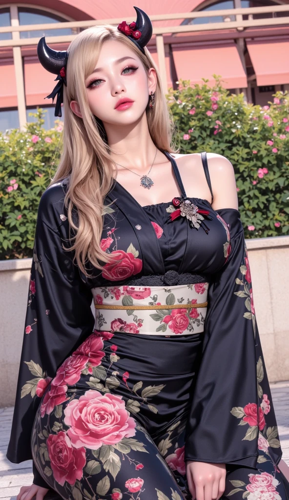 (masterpiece:1.4), (best quality:1.4), ultra high res, ultra high resolution, ((detailed facial features)), HDR, (realistic, photorealistic, photo-realistic:1.37), full body Esbian, sexy Vietnamese model, (-anime), vivid colors, ((vivid colors multicolor (red, fuchsia) very short hair)), (happy smile), lip-gloss, long lashes, ultra detailed metallic makeup, defined eyebrows, wearing large sparkling colorful jewelery, wearing a red silk Paradise Kiss cosplay dress with black floral embroidery, ((vivid colors outfit)), vivid colors, look at the camera, cinematic light, large park background with trees, sweet and sexy pose