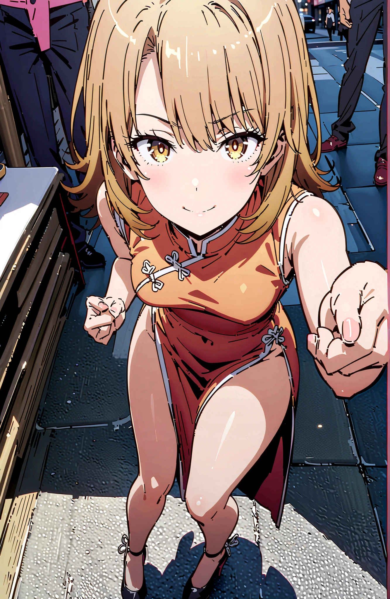 Irohaisshiki, Isshiki Iroha ,solo, short hair, brown hair, brown eyes,narrows her eyes,smile,cover,grins,yellow sleeveless Chinese clothes,Medium breast,Long side slits,pin heels,standing, peace sign pose ,crowd,full bodyがillustrationsに入るように,break outdoors,Chinatown,
break looking at viewer,full body,
break (masterpiece:1.2), Best Quality, high resolution, Unity 8k 壁紙, (illustrations:0.8), (beautiful detailed eyes:1.6), very detailed face, perfect lighting on the table, Extremely Detailed CG, (perfect hand, perfect anatomy),
