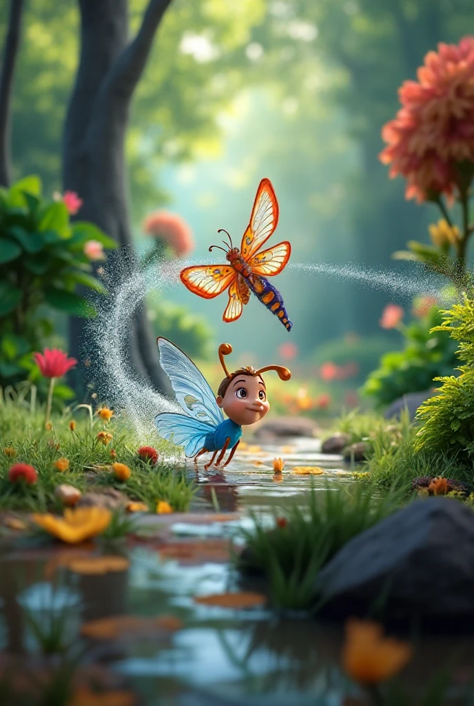 A vibrant, miniature fairy with delicate wings fluttering alongside a determined ant, both focused on a shared endeavor. The fairy, adorned in a dress made of soft petals and leaves, her hair a wild tangle of morning dew, extends a slender hand to gently balance a block of sugar that is twice her size. The ant, with a shimmering carapace reflecting the warm sunlight, tirelessly pulls at the sugar with its strong mandibles, its tiny legs straining against the weight. The block of sugar, a crystalline wonder, is a stark contrast to the rich, emerald-green grass and colorful wildflowers that carpet the ground beneath them. In the background, a whimsical forest comes to life with curious creatures peeking out from behind mushroom homes, watching the duo with wide eyes and playful smiles. The scene is bathed in a soft, golden glow, suggesting a serene afternoon in a magical world where even the smallest of creatures can achieve great feats with a touch of fairy magic and friendship.