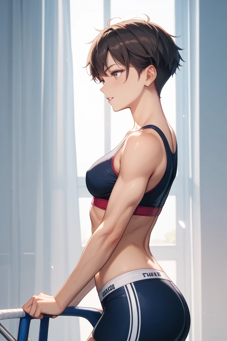 1girl, solo, sky, outdoors, looking at viewer, upper body, suiko \(one-punch man\), dark skin, short hair, dark-skinned female, sports bra, tomboy, breasts, mole under mouth, black hair, blue eyes,, full body