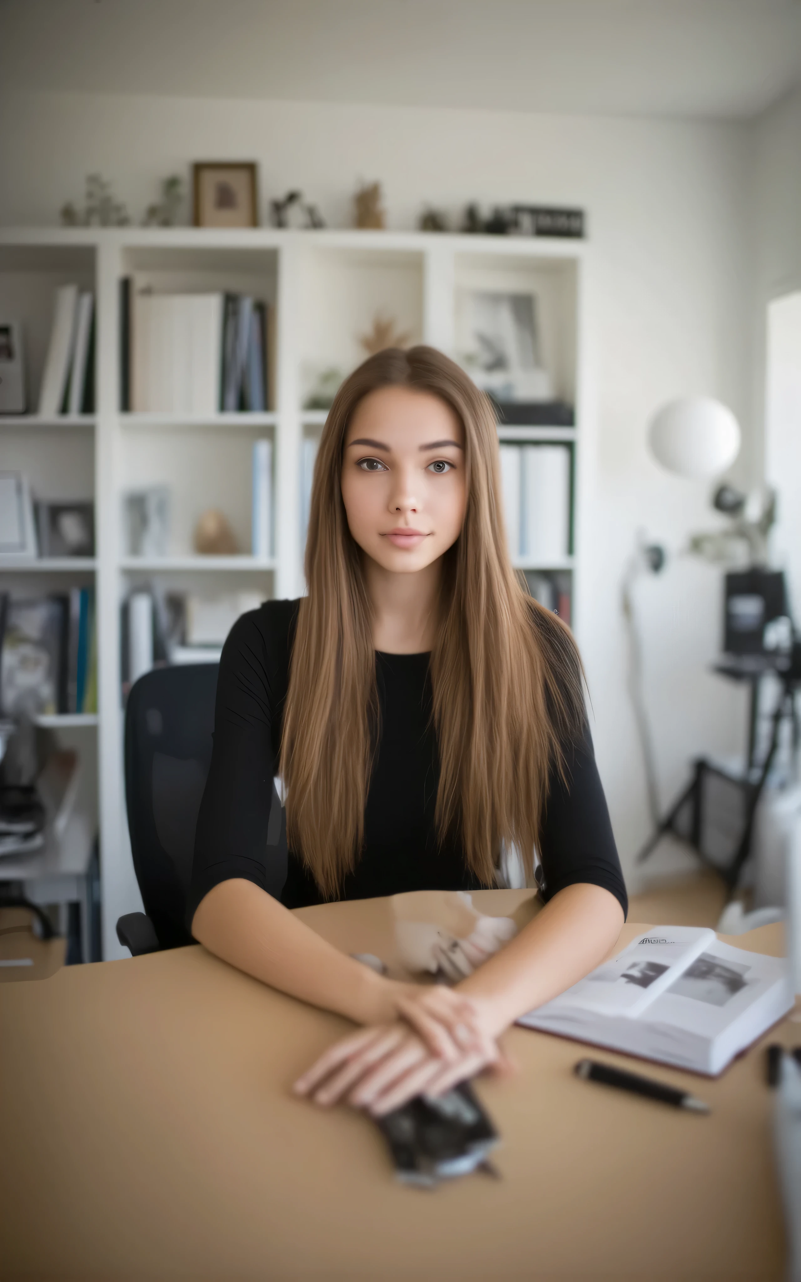 a beautiful 18 year age girl, long hair,lips fully closed , sitting in a chair professionally ,a working table in front , seated behind a table , hands on the table, leaning on the table , the background is a studio room with book shelf and other decorations , realism , >,>>, hyper realism,looking at the camera,front view,seat opposite to the camera , proper hands,