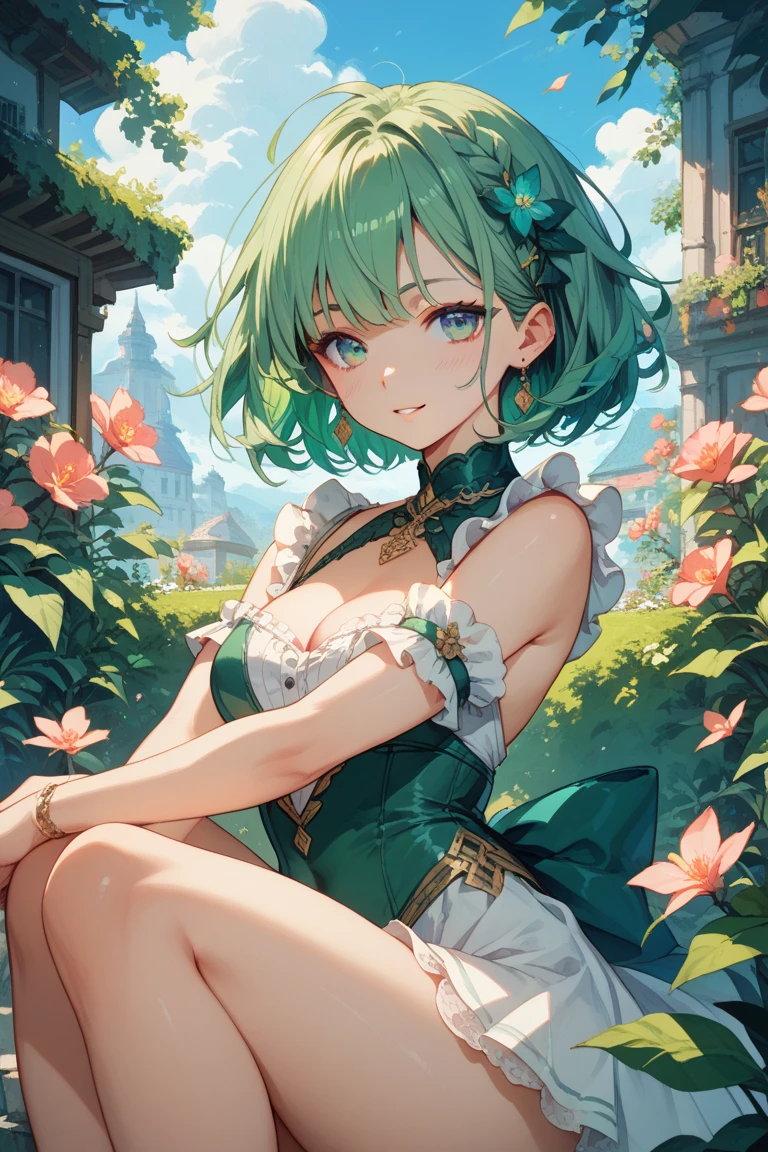 Goddess of nature, short hair with a braided part on the side, white skin, short green Spanish dress, gorgeous body, yellow eyes, perfect meadow background 