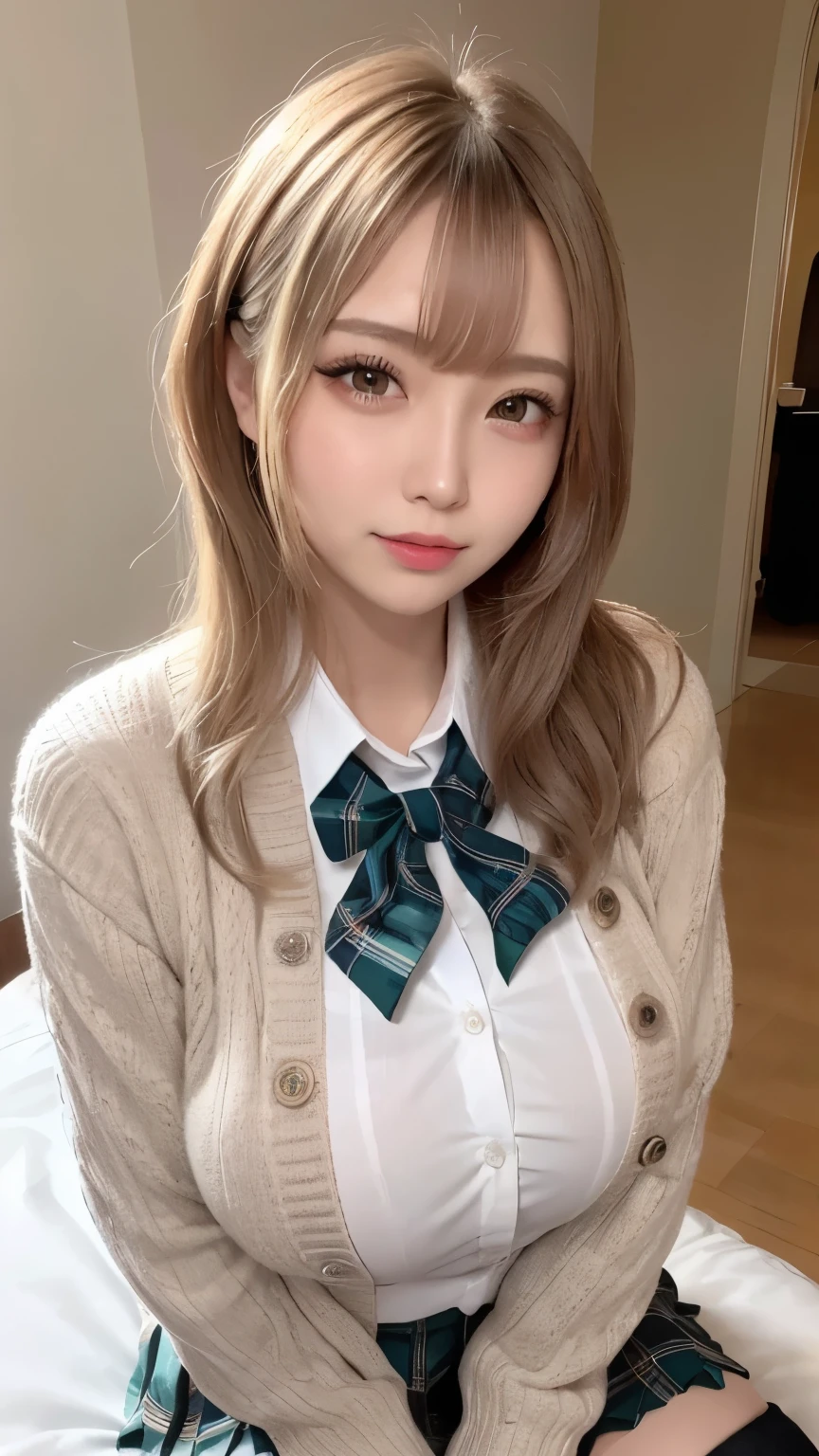 high image quality 、 Light Hair Color 、 beautiful eyelashes on chest 、18 years old、 Best Quality、 very well detailed 、 makes Cleevidge stand out 、 8k Wallpaper、 Beautiful Eyes 、詳細なメモ 、 cute face、 masterpiece, Big Breasts , ( tall school girl , tall , plaid pleated skirt, Cardigan , over-the-knee socks , Chest : 1.3 ) ,(uniform、 白いcollared shirt 、 miniskirt 、Big Breasts:1.5 、 bed、 Sexy Poses、 plump breasts :1.4、 超 Big Breasts )、 Lie down on 、 uniform、 collared shirt 、uniformシャツ、 Black Bra、 beautiful abs 、Beautiful navel、 makes Cleevidge stand out even when lying in the dark 、 very large breasts 、 upper body、