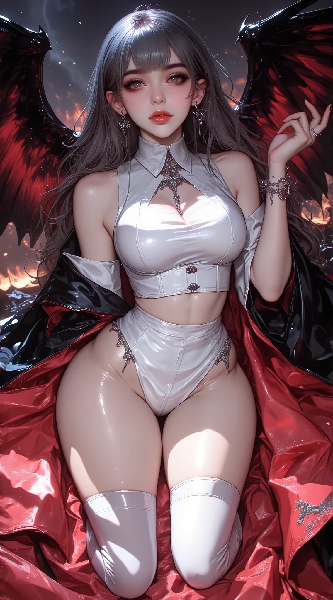 Ultra high quality,8K,Giant Breast Girl,Sexy and feminine, high and cold,Dark beauty,Enchanting,The head proportions are perfect,Gray hair,Wear a sweatshirt monogram print, Short red high-waisted skirt,Flaming red lips,Swan neck,chokers,O sol brilha intensamente,smallbreast,Cat ears