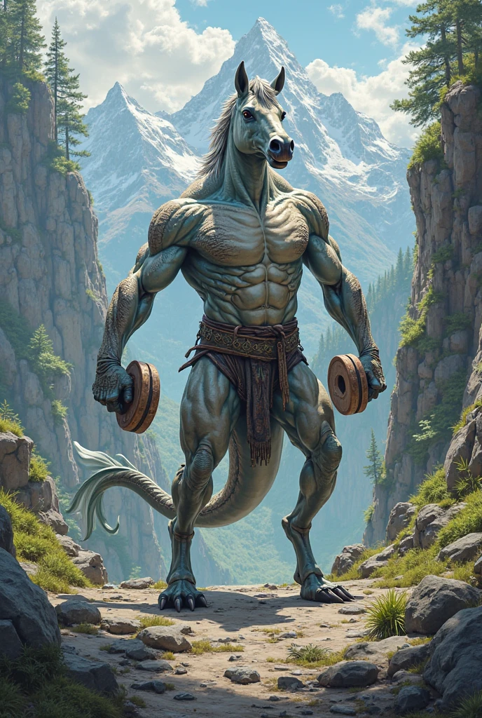 A burly, virile, and hairy dragon, exuding the irresistible charm of a himbo muscle daddy. His middle-aged features, adorned by a long, bushy beard and a thick mustache, reveal a life of experience and adventure. His body, sculpted into a warrior's build and a bodybuilder's physique, is a testament to his unyielding dedication to physical fitness. The hair on his chest and belly forms a carpet of thick fur, while his hairy arms and legs are adorned with a natural, untamed layer of hirsute. Every muscle on his overmuscular and musclebound frame is defined and bulging, veins pulsing beneath the surface, hinting at his incredible strength. Despite his advanced age, his grey hair only adds to his handsome and dreamy appearance.