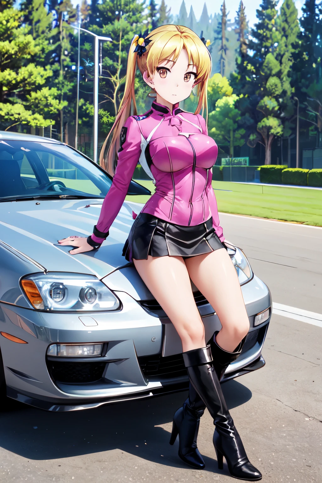 high resolution、超high resolution、masterpiece, Best Quality, one girl on her back, Best Quality、Rin Suzunoki, perfect detail、(companion、Race Queen:1.3)、赤leotards、ultra-fine painting、sharp concentration、Transcendental Technique Paintings、Beautiful Eyes、(Genuine、realistic、realistic:1.2)、outdoor、circuit just before the accident、Racetrack , (leather skirt、 shiny leather skirt:1.2) 、boots、太ももboots、high heelsboots、high heels、leotards , photograph、photograph会、car