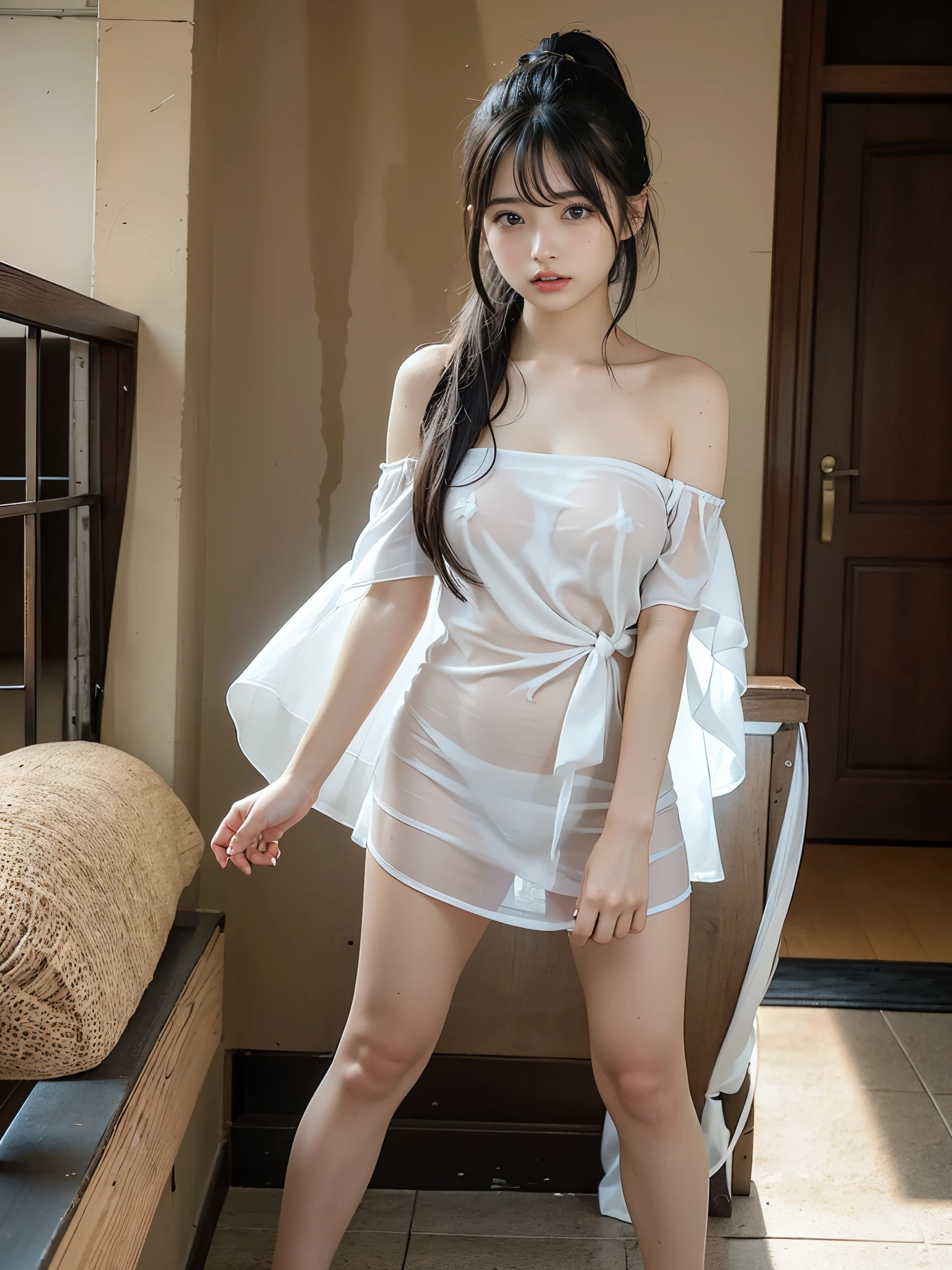 Masterpiece, 1 girl, leaning against curtains, faint smile, shiny skin, best quality, masterpiece, photo realistic (realistic: 1.4), short black skirt, focal length on the person, (large aperture: 1.2), messy hair, interior
